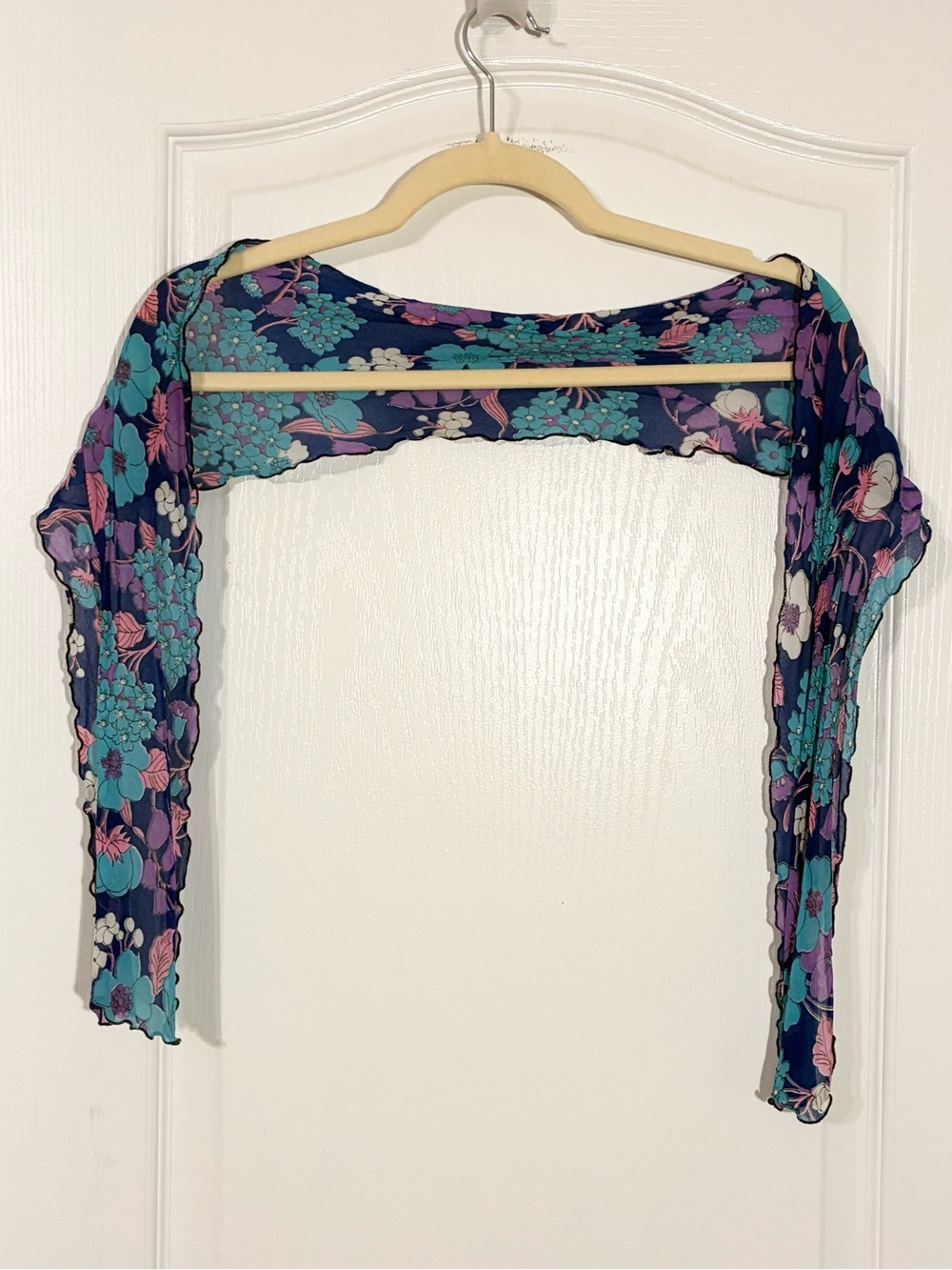 Vintage SILK Ruffled Edge Floral Rectangular Scarf Navy 53”x6”